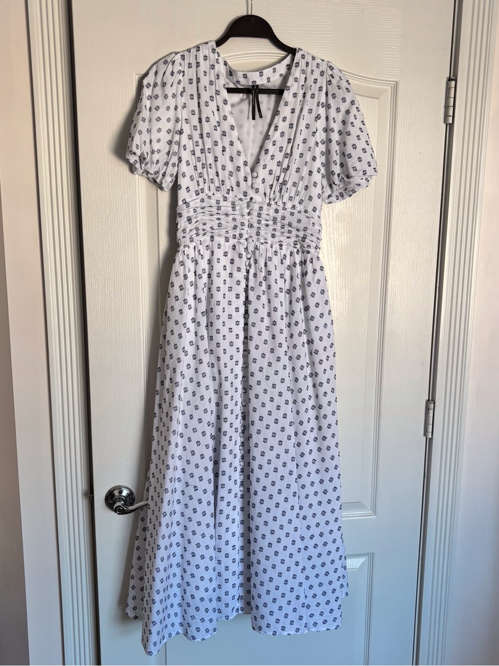 Anthropologie White Midi Dress with Navy Floral Print